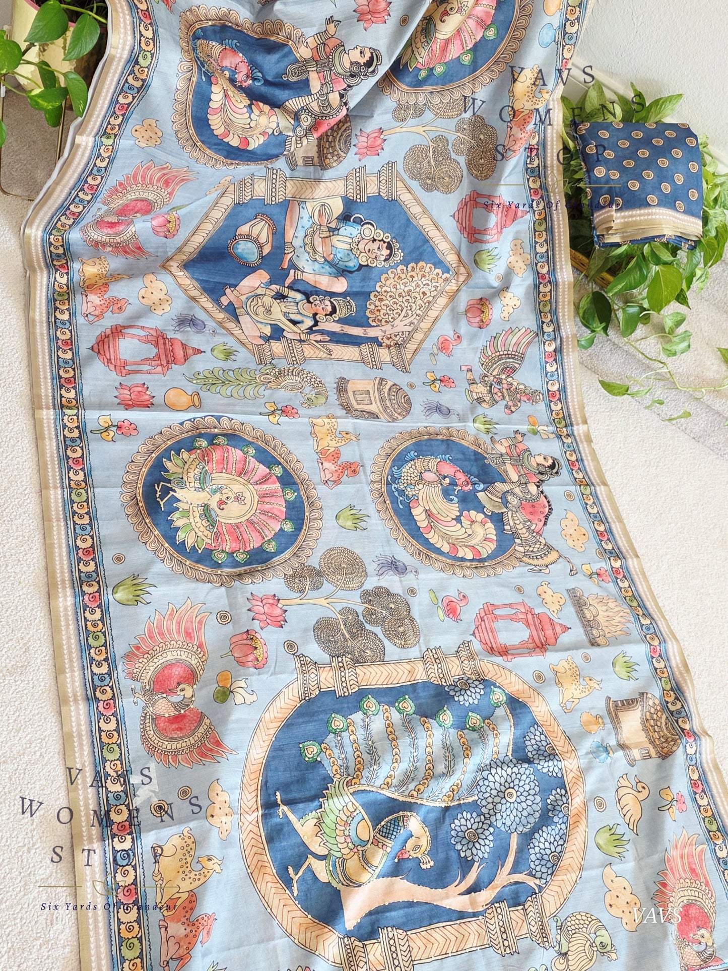 Kalamkari Print Outline Embroidery Lightweight Semi Tussar Silk Saree | Elegant Traditional Wear |