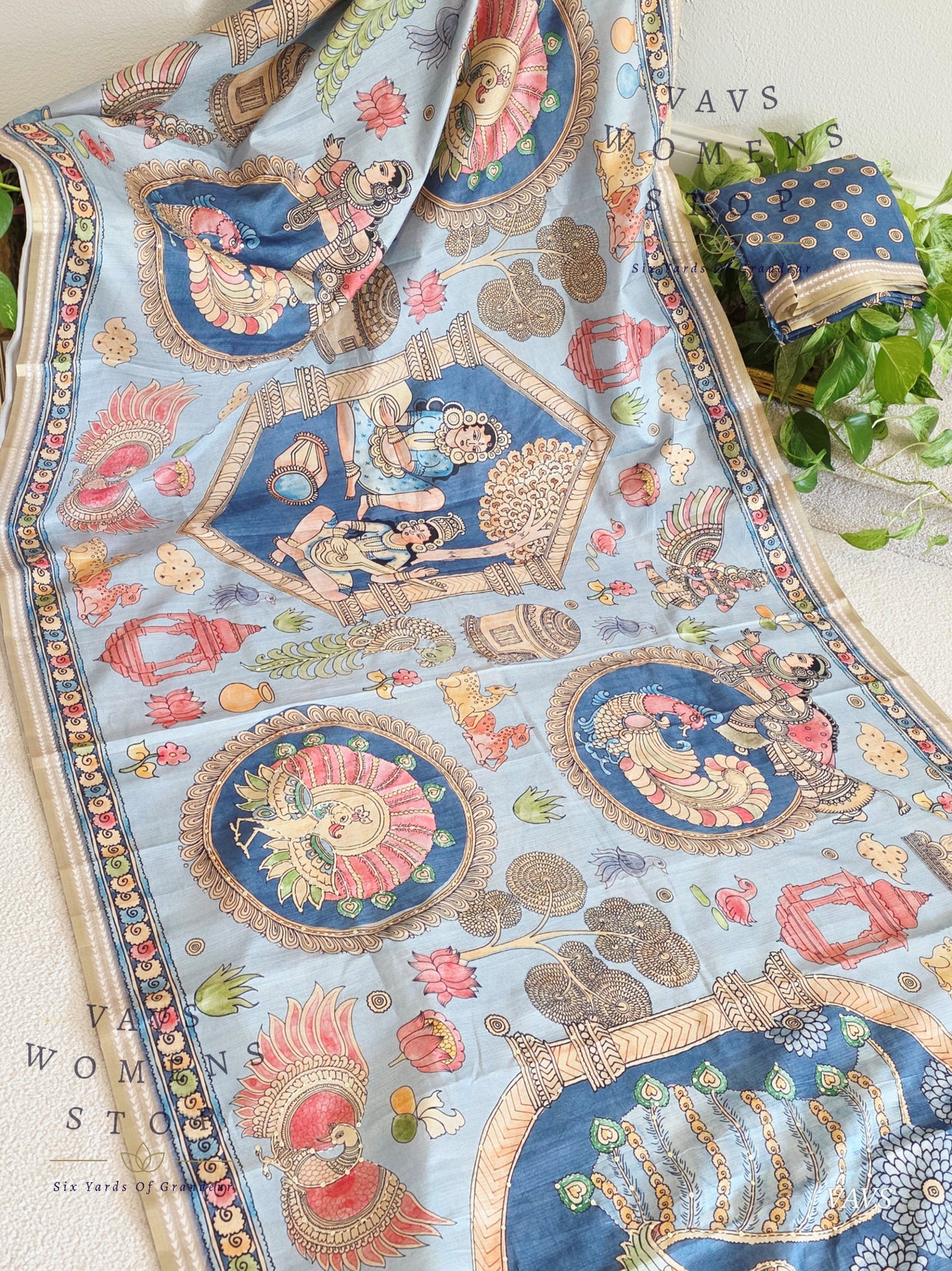 Kalamkari Print Outline Embroidery Lightweight Semi Tussar Silk Saree | Elegant Traditional Wear |