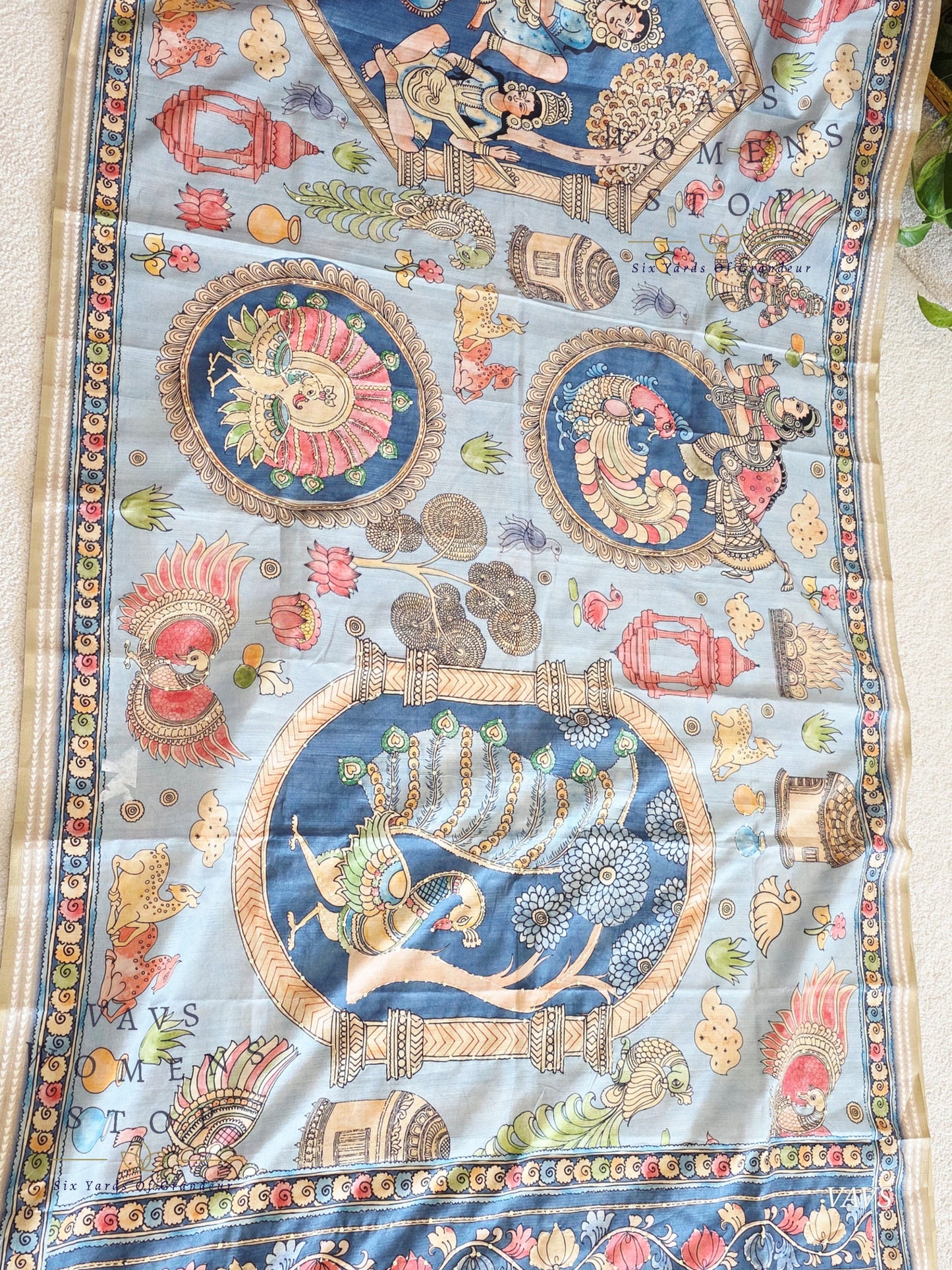Kalamkari Print Outline Embroidery Lightweight Semi Tussar Silk Saree | Elegant Traditional Wear |