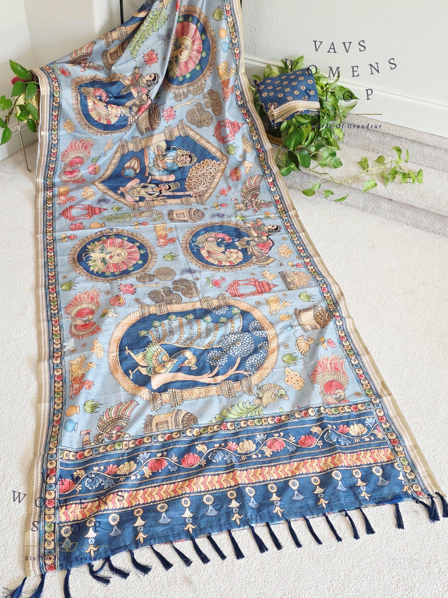 Kalamkari Print Outline Embroidery Lightweight Semi Tussar Silk Saree | Elegant Traditional Wear |