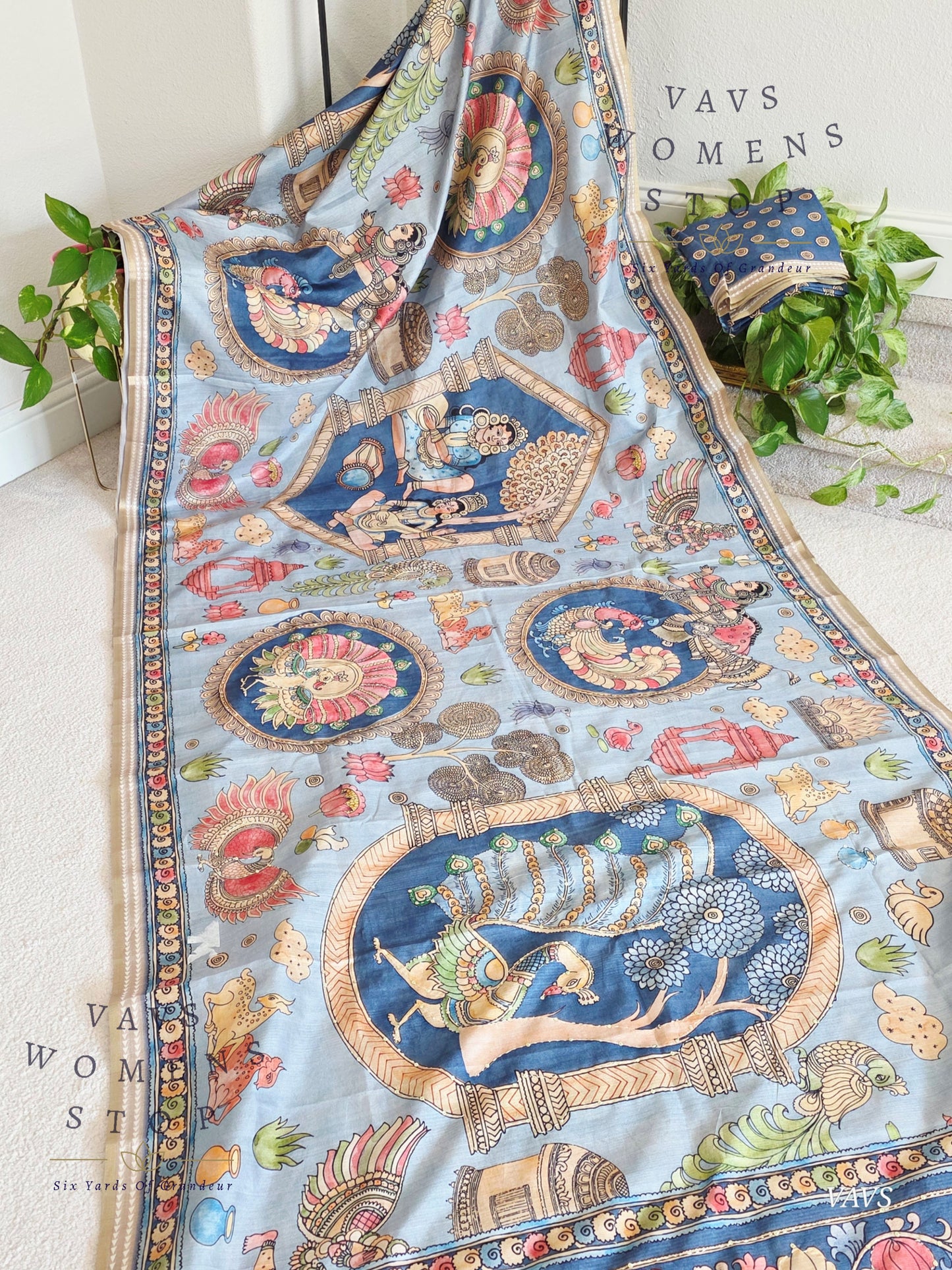 Kalamkari Print Outline Embroidery Lightweight Semi Tussar Silk Saree | Elegant Traditional Wear |