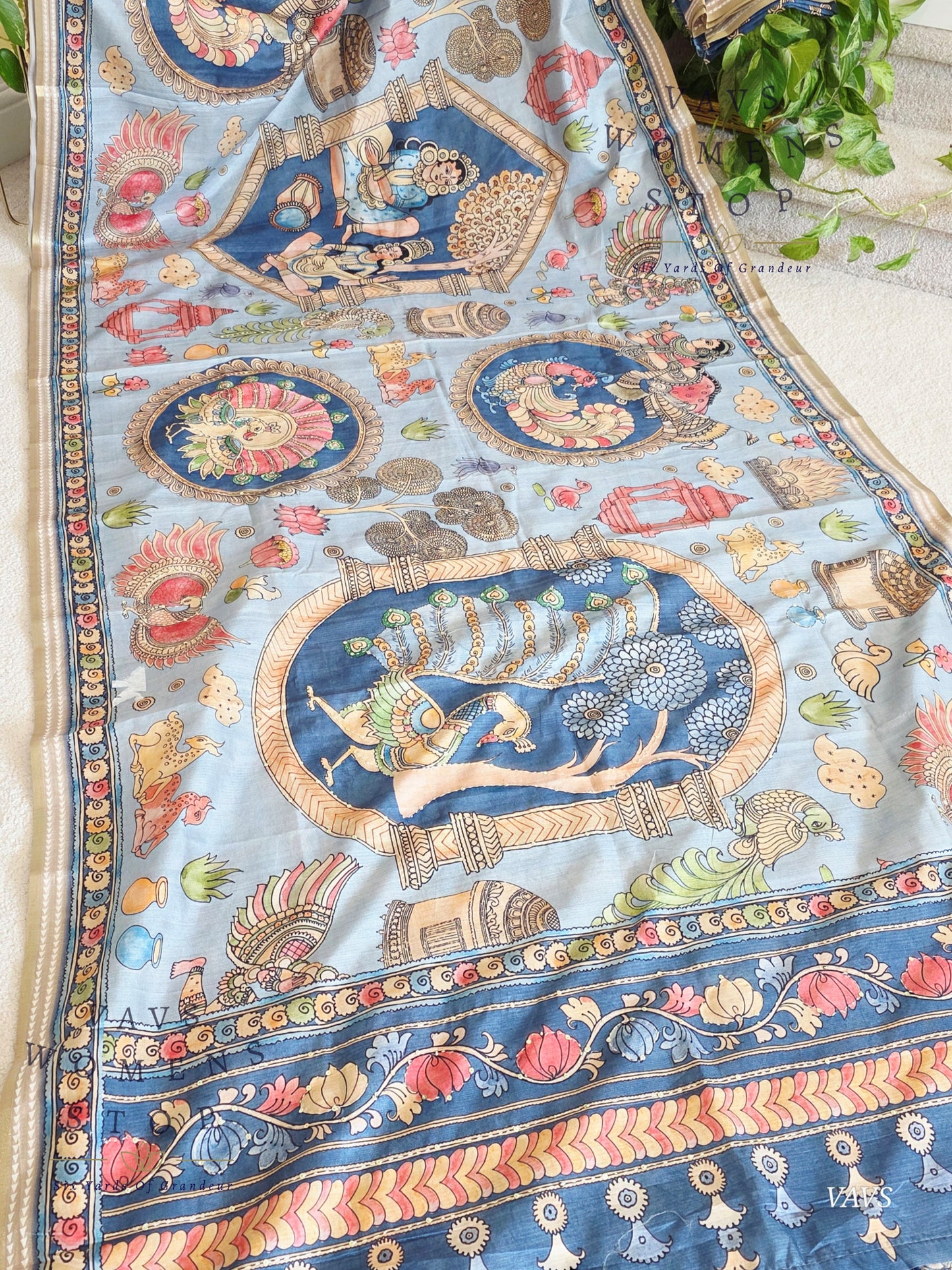 Kalamkari Print Outline Embroidery Lightweight Semi Tussar Silk Saree | Elegant Traditional Wear |