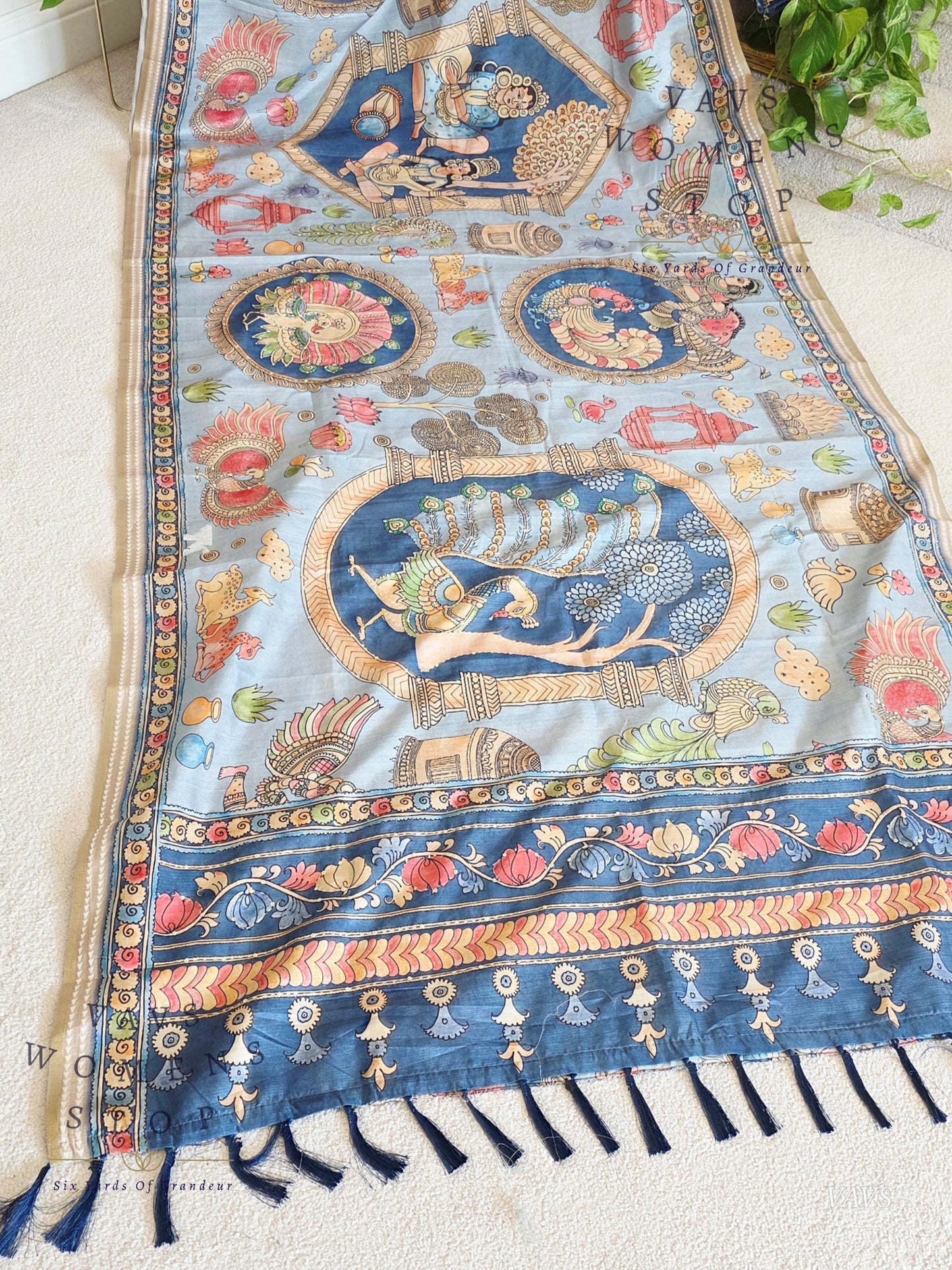 Kalamkari Print Outline Embroidery Lightweight Semi Tussar Silk Saree | Elegant Traditional Wear |