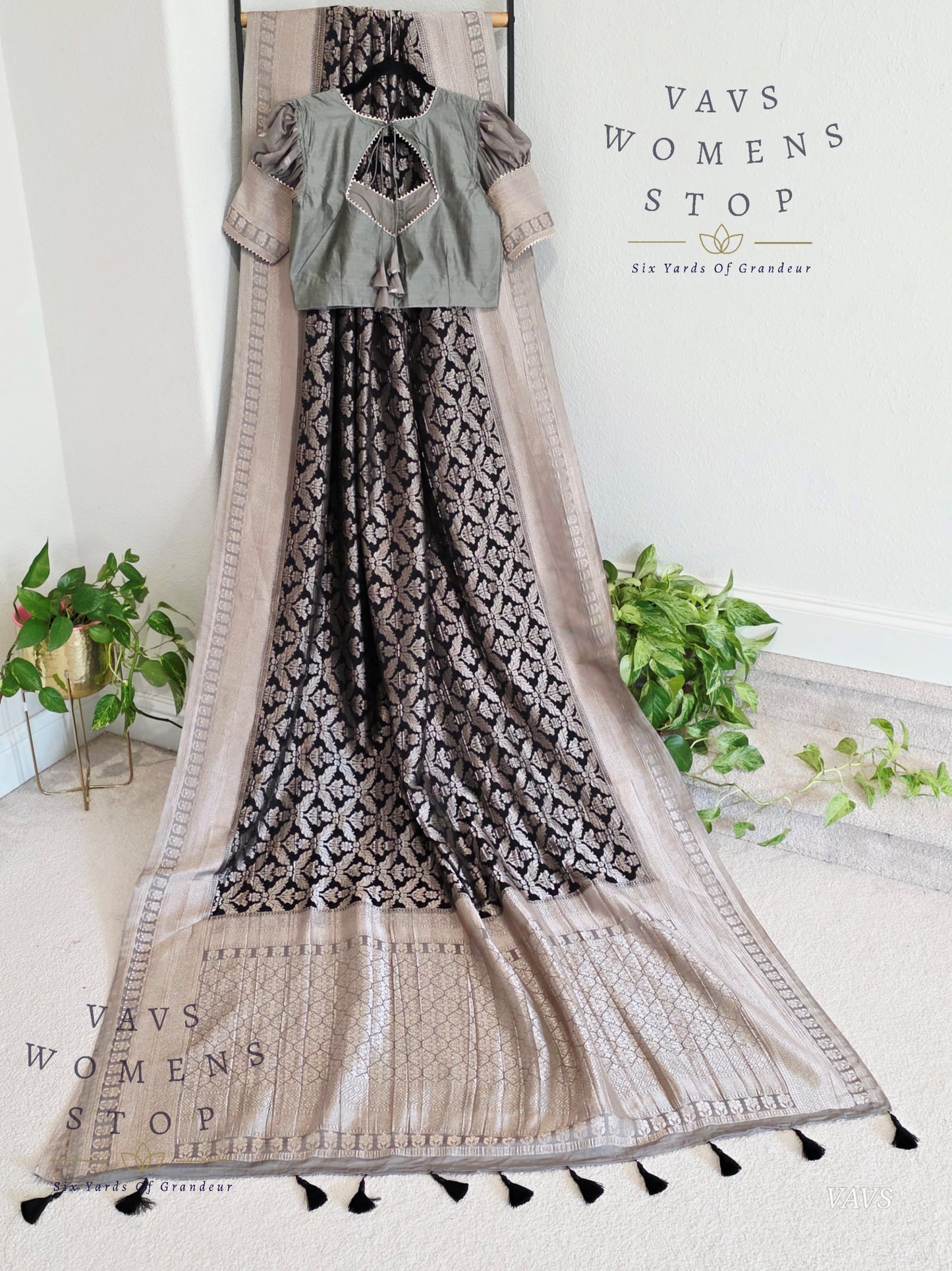 Black Banarasi Semi Tussar Georgette Saree with All Over Meenakari & Gray Border | Stitched Blouse Size 38–44 | Ready to Ship USA – VAVS Women’s Stop