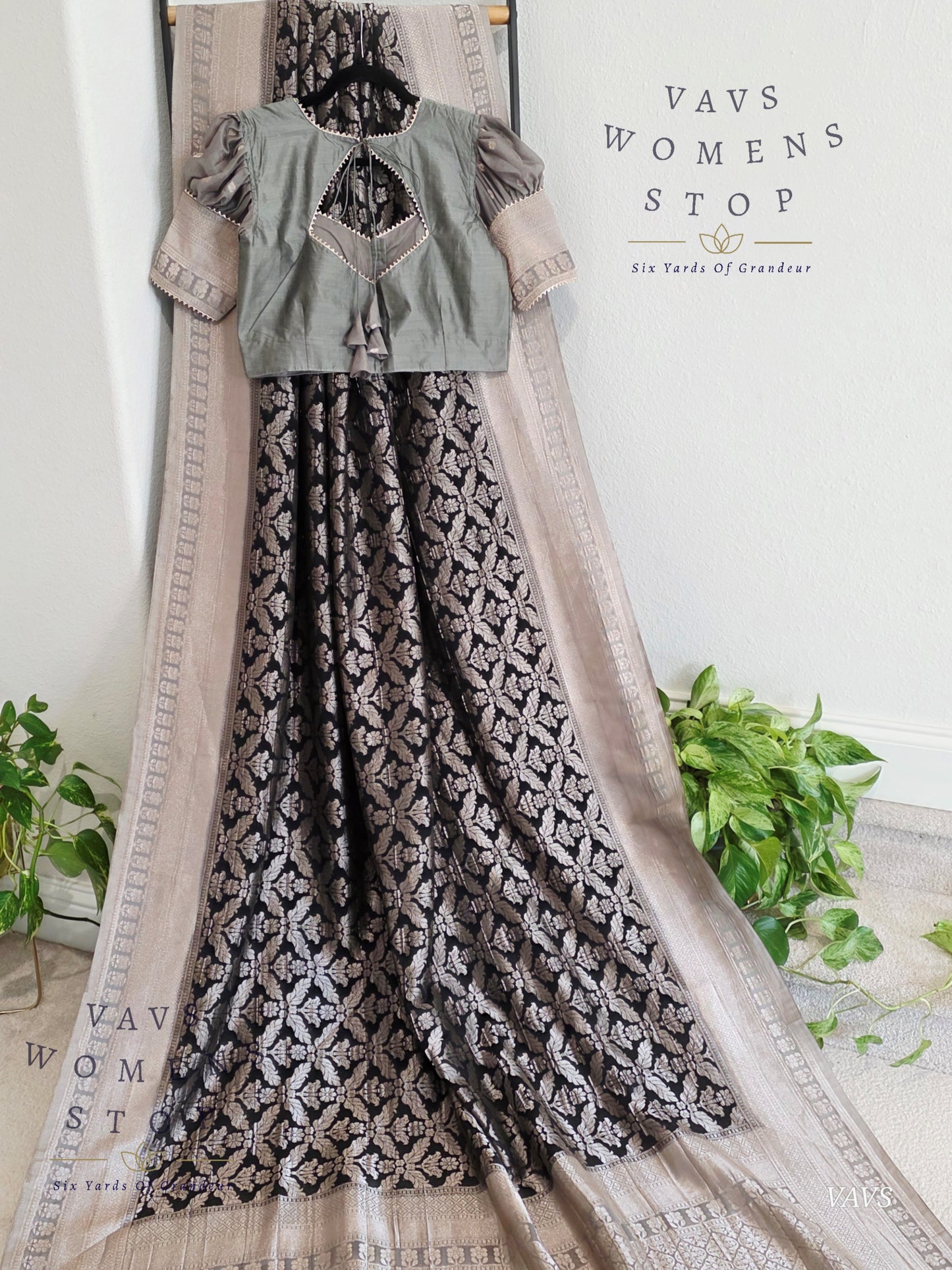 Black Banarasi Semi Tussar Georgette Saree with All Over Meenakari & Gray Border | Stitched Blouse Size 38–44 | Ready to Ship USA – VAVS Women’s Stop