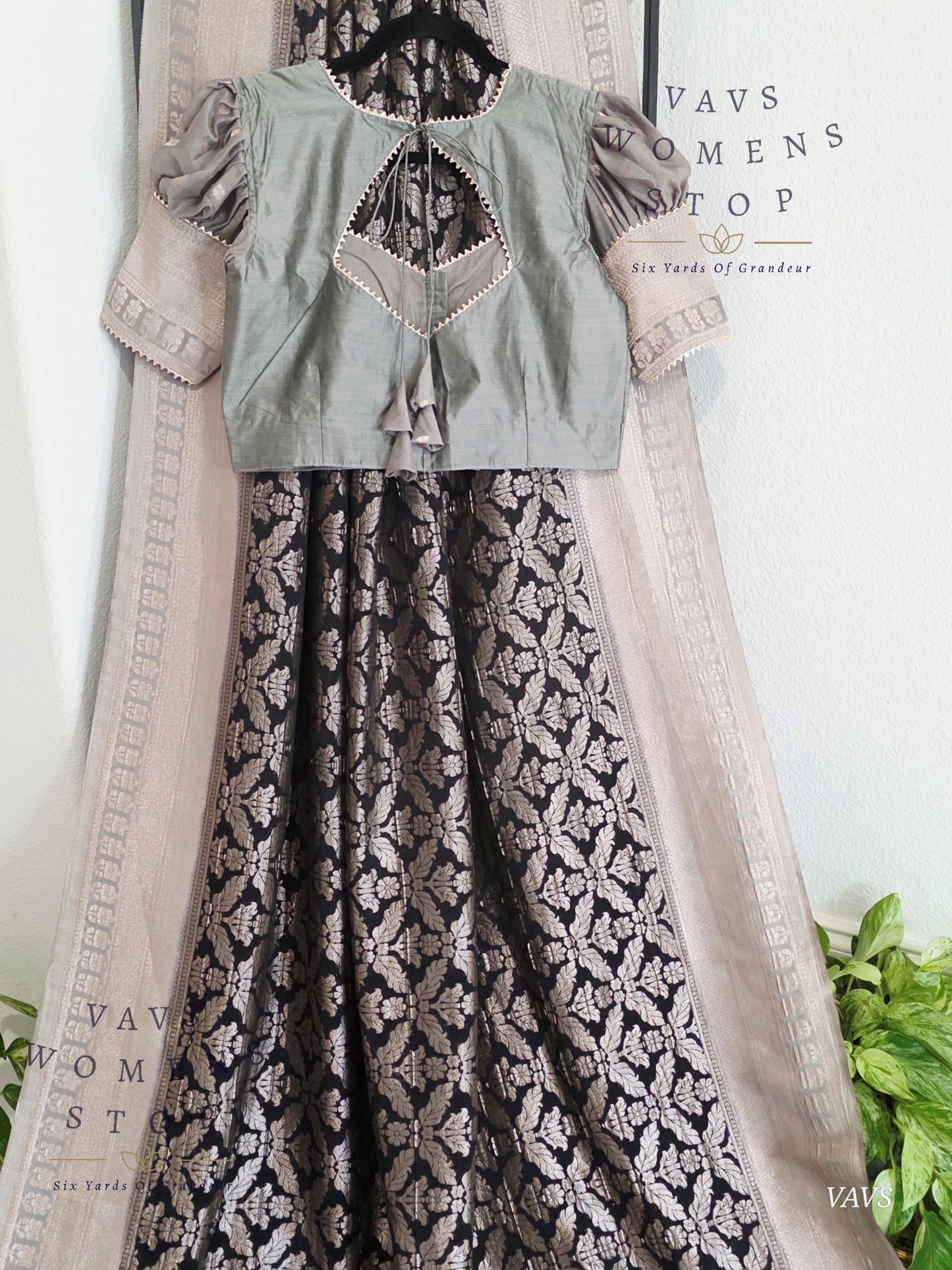 Black Banarasi Semi Tussar Georgette Saree with All Over Meenakari & Gray Border | Stitched Blouse Size 38–44 | Ready to Ship USA – VAVS Women’s Stop