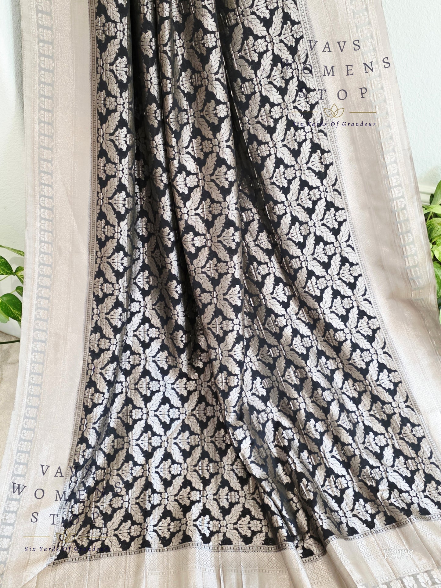 Black Banarasi Semi Tussar Georgette Saree with All Over Meenakari & Gray Border | Stitched Blouse Size 38–44 | Ready to Ship USA – VAVS Women’s Stop