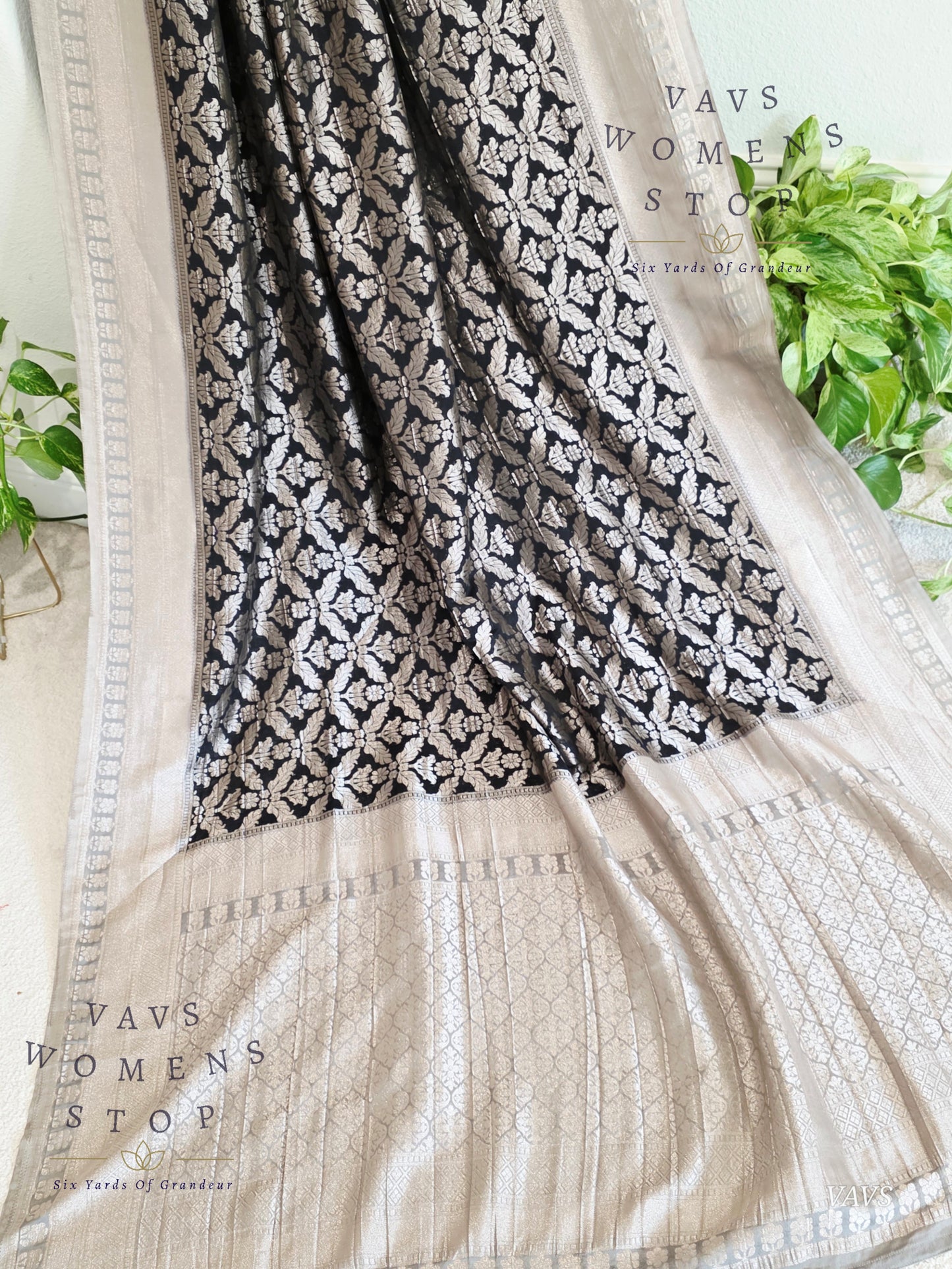 Black Banarasi Semi Tussar Georgette Saree with All Over Meenakari & Gray Border | Stitched Blouse Size 38–44 | Ready to Ship USA – VAVS Women’s Stop