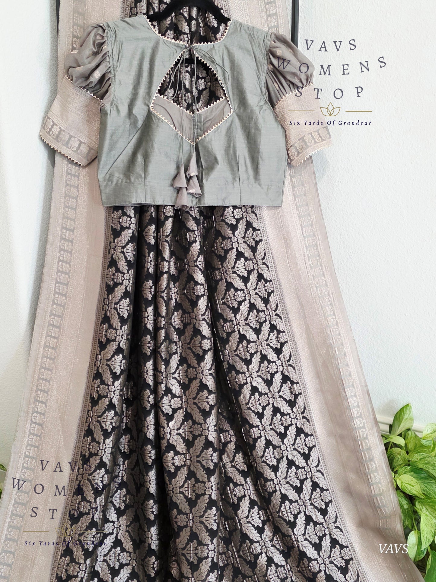 Black Banarasi Semi Tussar Georgette Saree with All Over Meenakari & Gray Border | Stitched Blouse Size 38–44 | Ready to Ship USA – VAVS Women’s Stop
