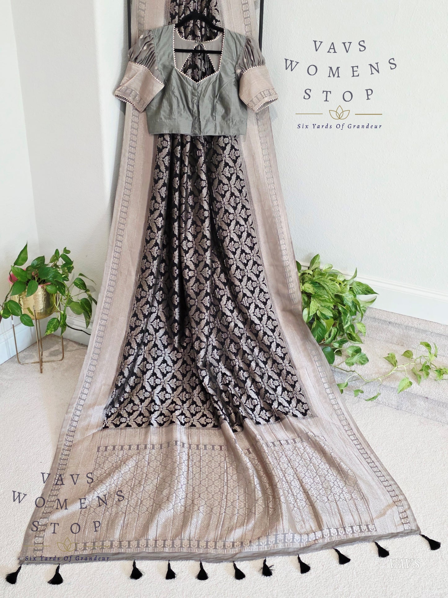 Black Banarasi Semi Tussar Georgette Saree with All Over Meenakari & Gray Border | Stitched Blouse Size 38–44 | Ready to Ship USA – VAVS Women’s Stop