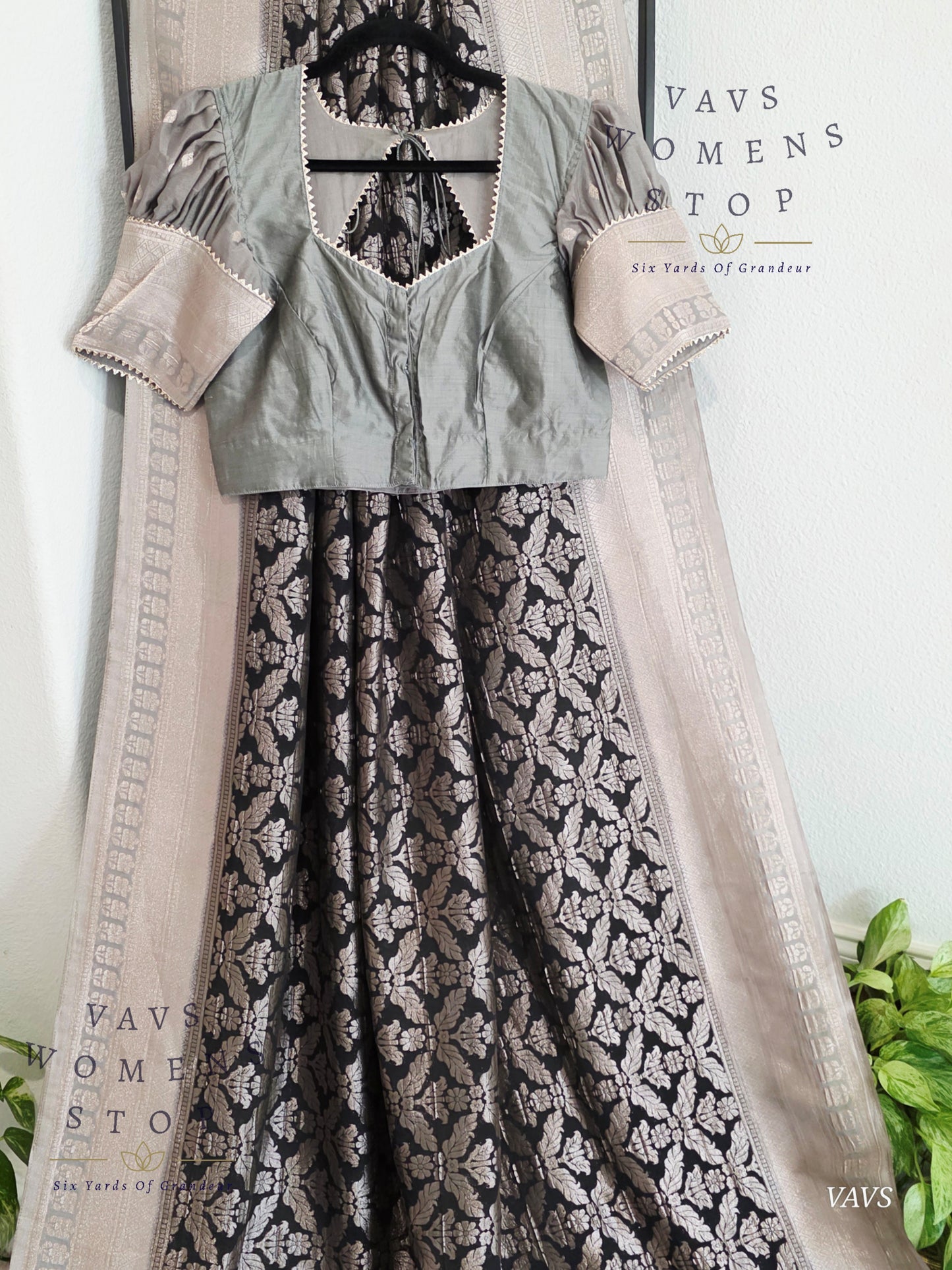Black Banarasi Semi Tussar Georgette Saree with All Over Meenakari & Gray Border | Stitched Blouse Size 38–44 | Ready to Ship USA – VAVS Women’s Stop