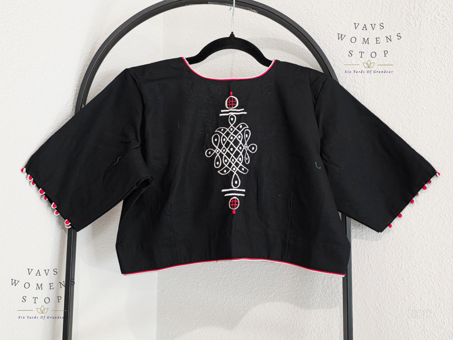 Black Shade Soft Cotton with Kollam Muggu Motif Embroidered Premium Tailored Blouse