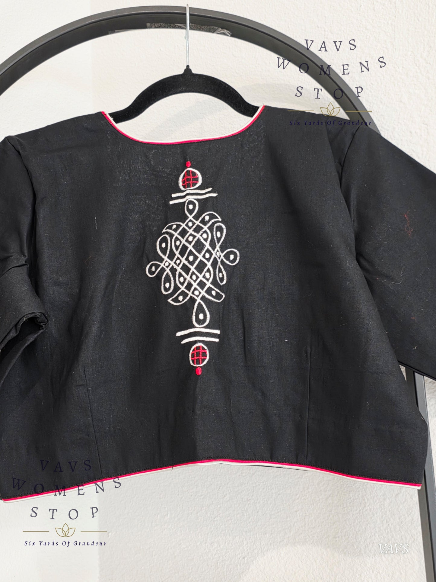 Black Shade Soft Cotton with Kollam Muggu Motif Embroidered Premium Tailored Blouse