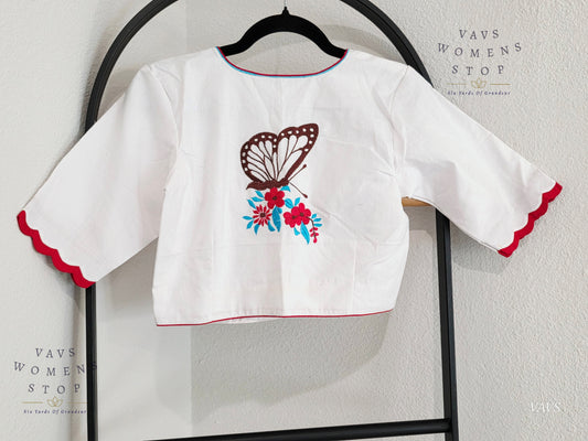 White Shade Soft Cotton with Butterfly Motif Embroidered Premium Tailored Designer Blouse