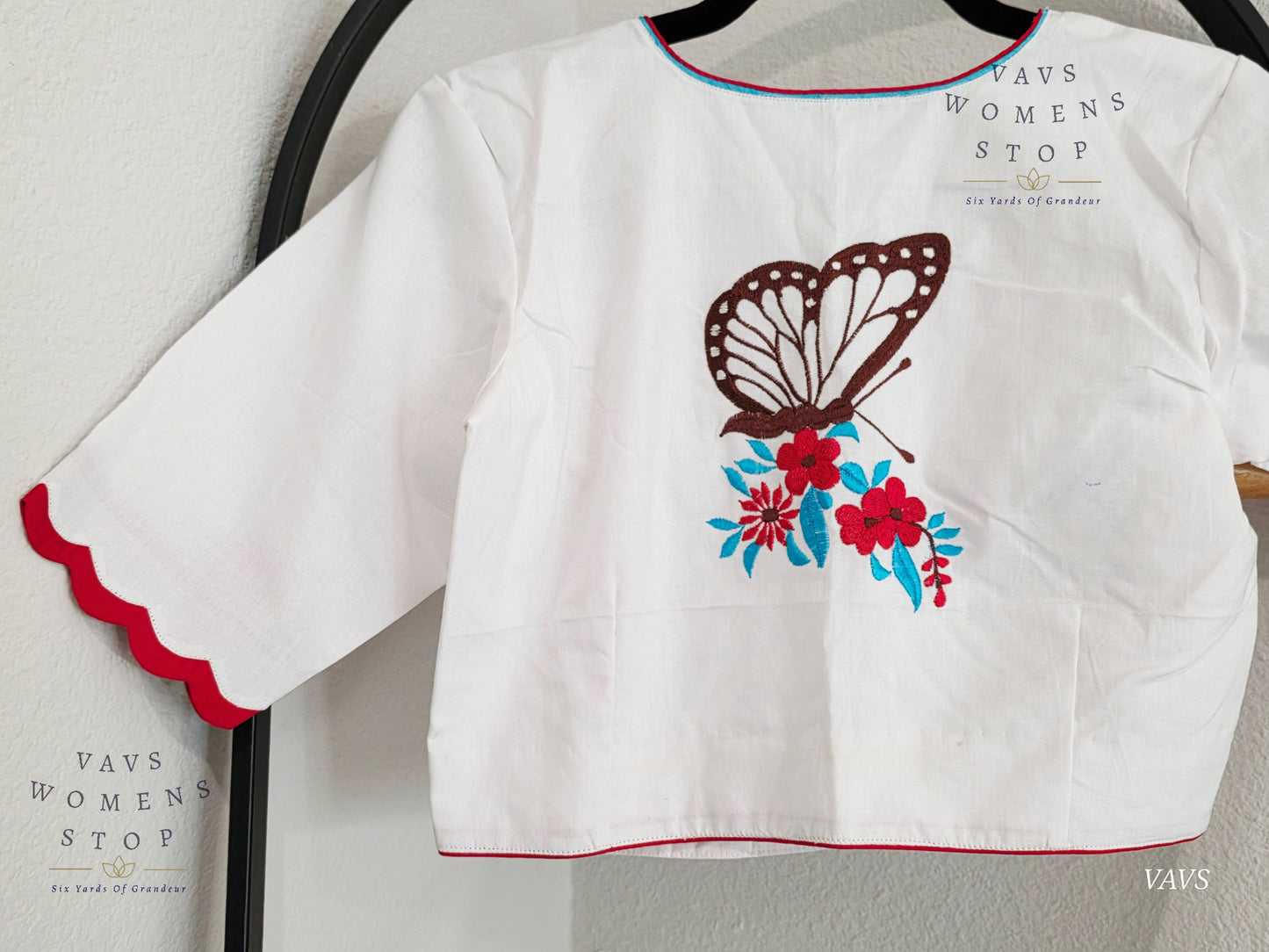 White Shade Soft Cotton with Butterfly Motif Embroidered Premium Tailored Designer Blouse