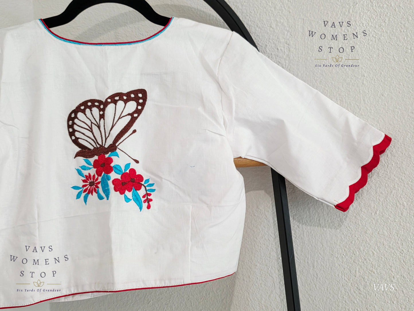 White Shade Soft Cotton with Butterfly Motif Embroidered Premium Tailored Designer Blouse