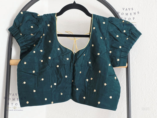 Emerald Green Shade Short Puff Sleeves Blouse