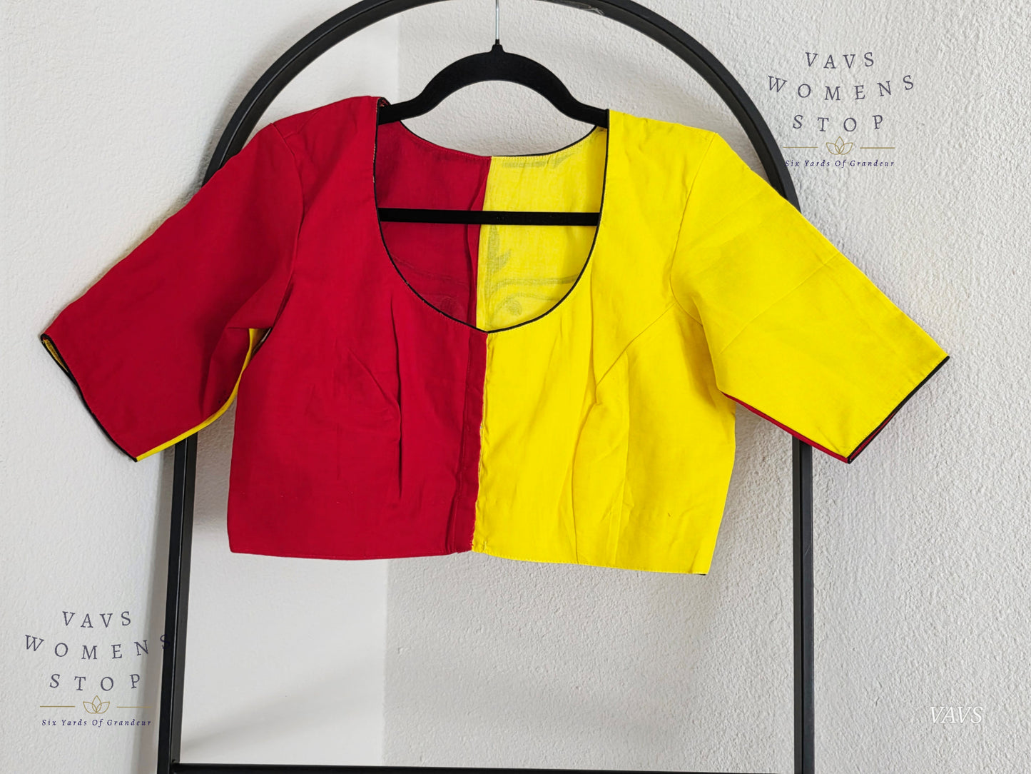 Yellow And Red Color Combo Shade Soft Cotton with Goddess Maa Shakthi Motif Embroidered Tailored Designer Blouse