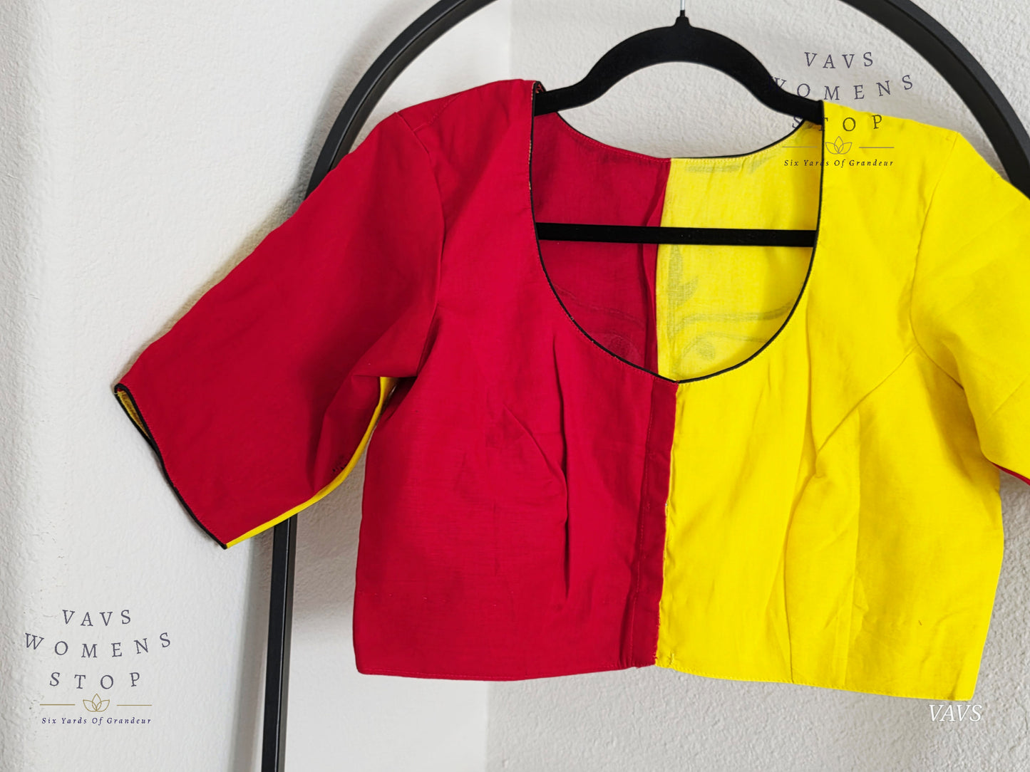 Yellow And Red Color Combo Shade Soft Cotton with Goddess Maa Shakthi Motif Embroidered Tailored Designer Blouse