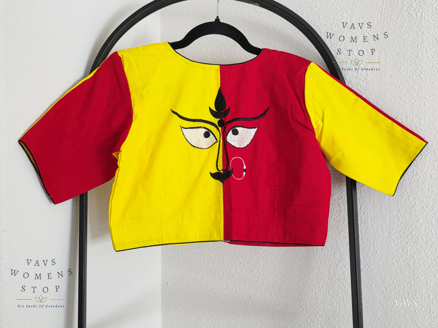 Yellow And Red Color Combo Shade Soft Cotton with Goddess Maa Shakthi Motif Embroidered Tailored Designer Blouse