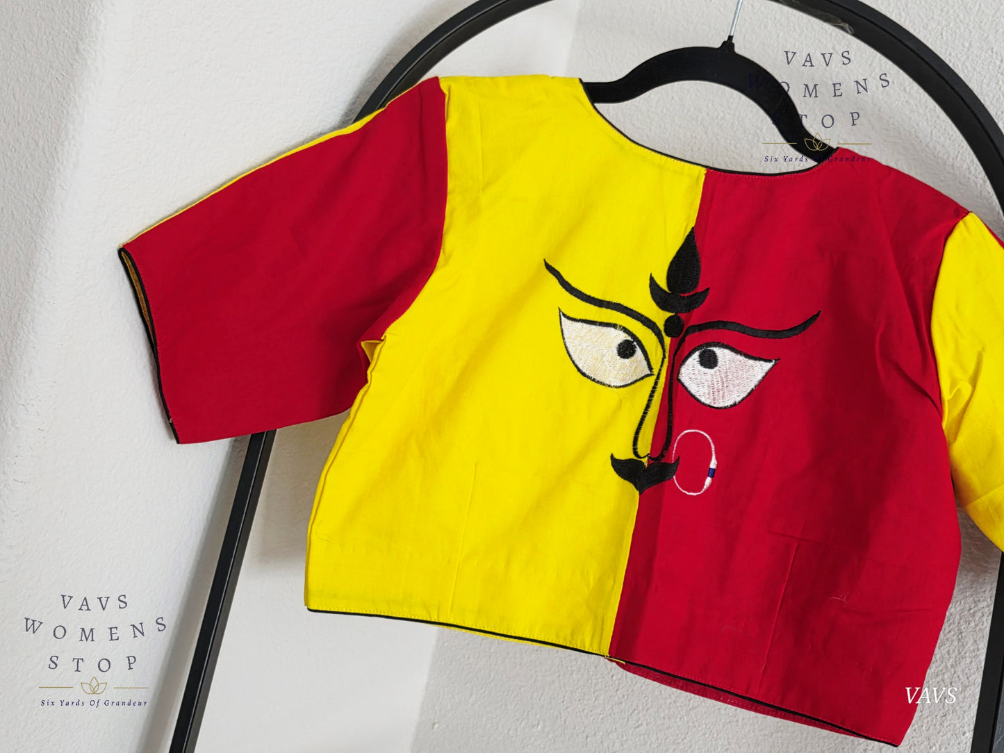 Yellow And Red Color Combo Shade Soft Cotton with Goddess Maa Shakthi Motif Embroidered Tailored Designer Blouse