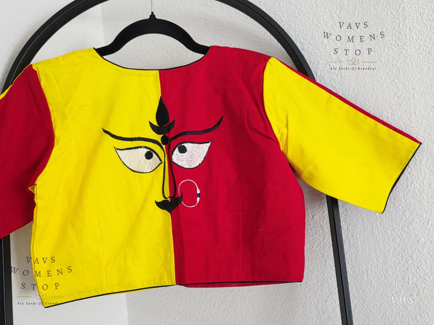 Yellow And Red Color Combo Shade Soft Cotton with Goddess Maa Shakthi Motif Embroidered Tailored Designer Blouse