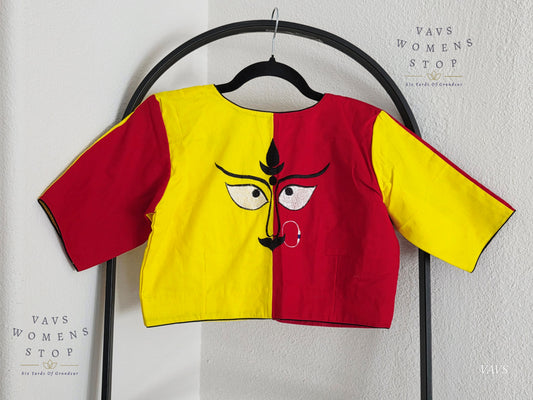 Yellow And Red Color Combo Shade Soft Cotton with Goddess Maa Shakthi Motif Embroidered Tailored Designer Blouse