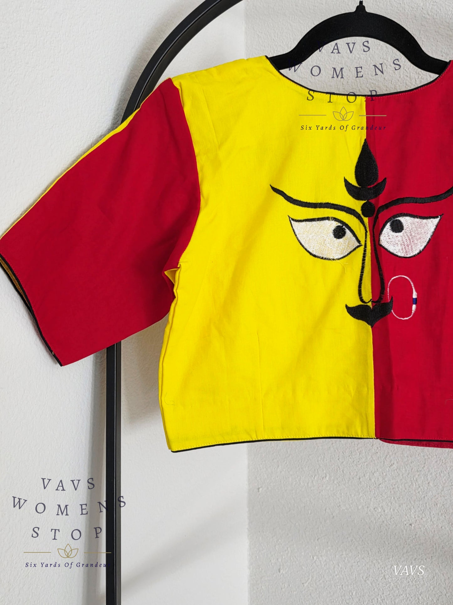 Yellow And Red Color Combo Shade Soft Cotton with Goddess Maa Shakthi Motif Embroidered Tailored Designer Blouse