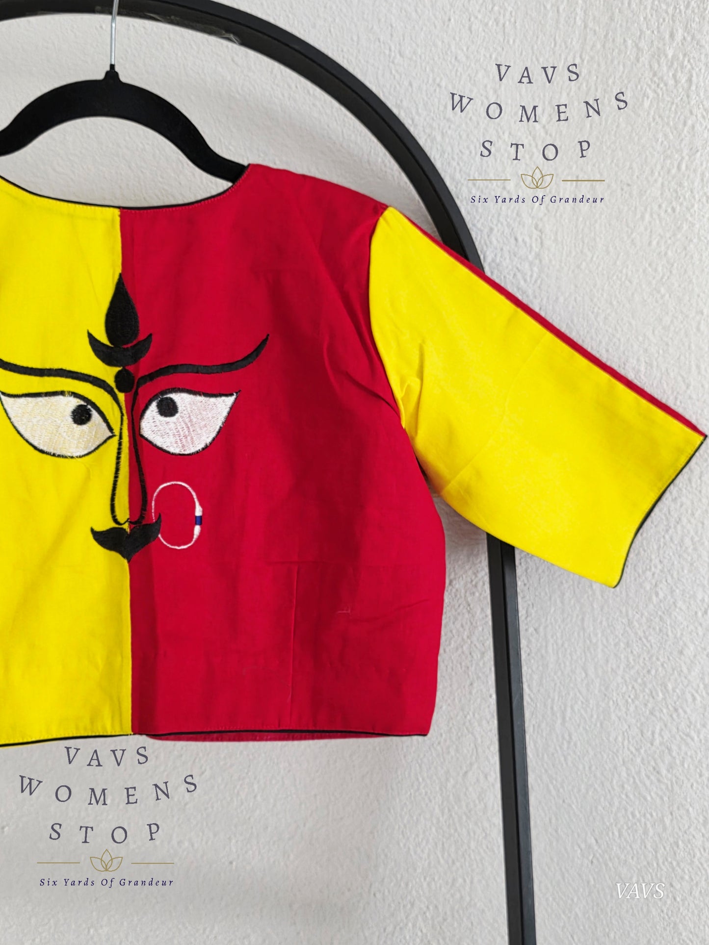 Yellow And Red Color Combo Shade Soft Cotton with Goddess Maa Shakthi Motif Embroidered Tailored Designer Blouse
