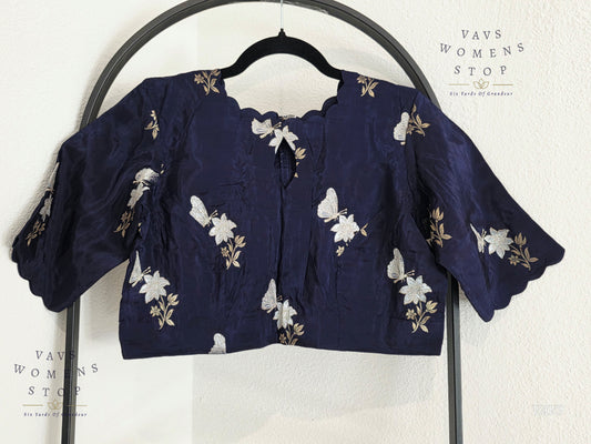 Navy Blue Shade Munga Crepe Silk Butterfly Butta Stitched Blouse