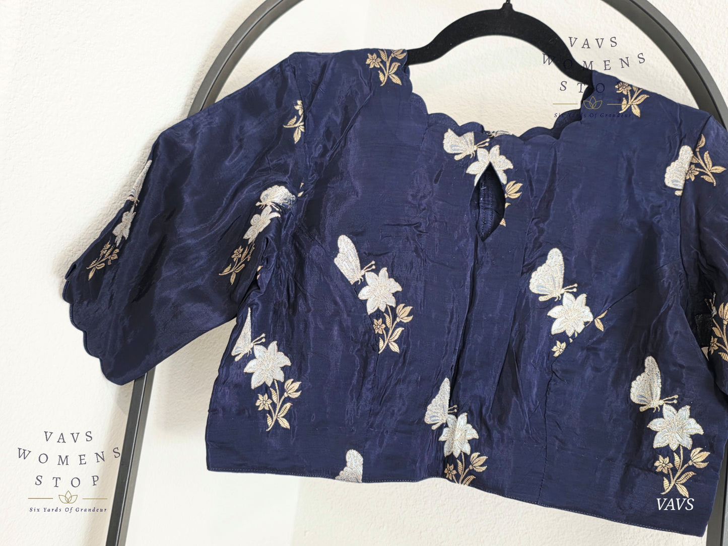 Navy Blue Shade Munga Crepe Silk Butterfly Butta Stitched Blouse