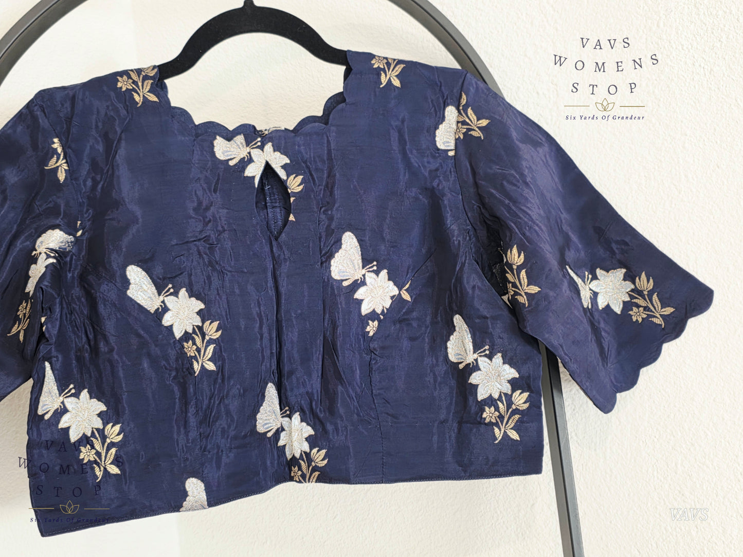 Navy Blue Shade Munga Crepe Silk Butterfly Butta Stitched Blouse