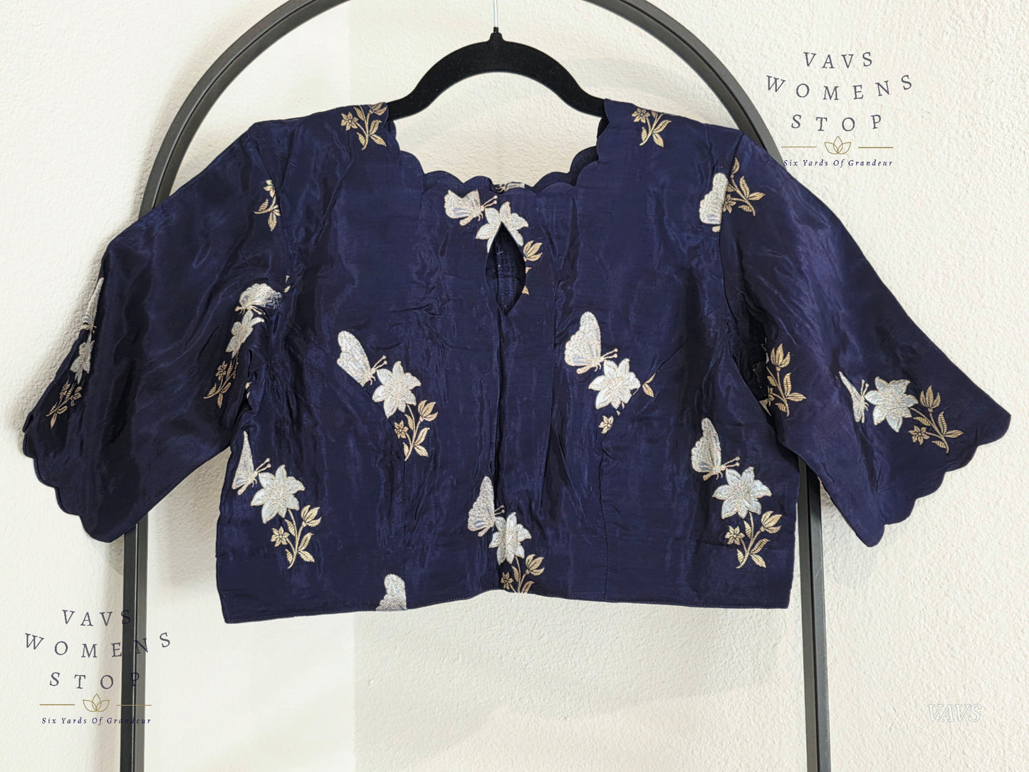 Navy Blue Shade Munga Crepe Silk Butterfly Butta Stitched Blouse
