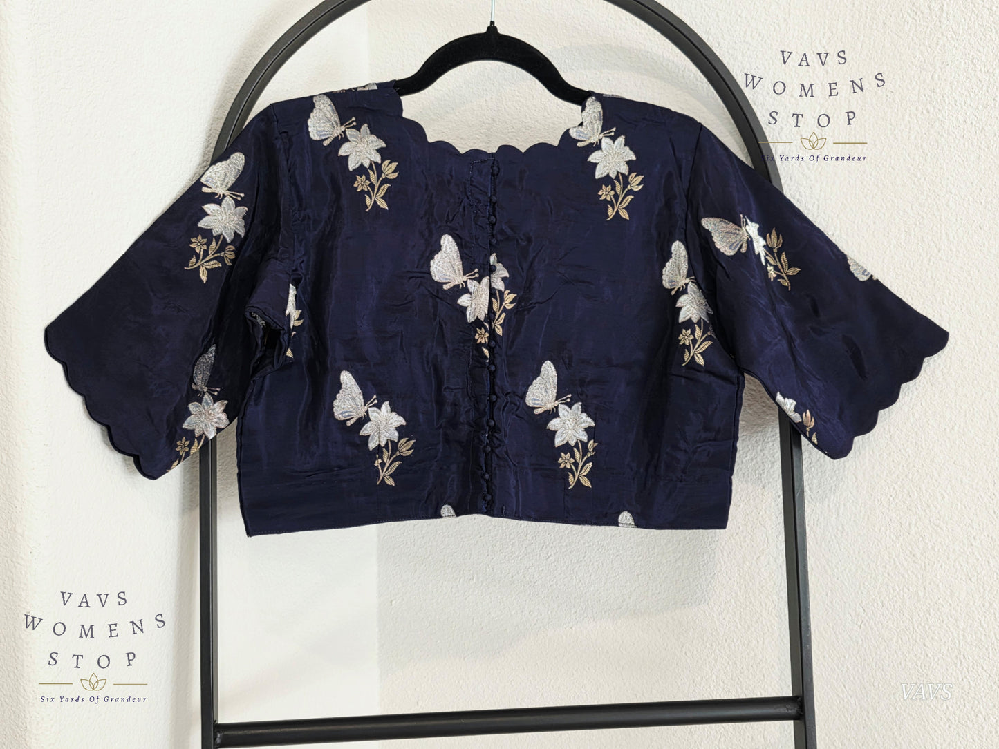Navy Blue Shade Munga Crepe Silk Butterfly Butta Stitched Blouse