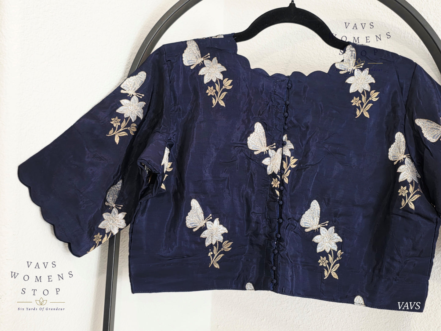 Navy Blue Shade Munga Crepe Silk Butterfly Butta Stitched Blouse