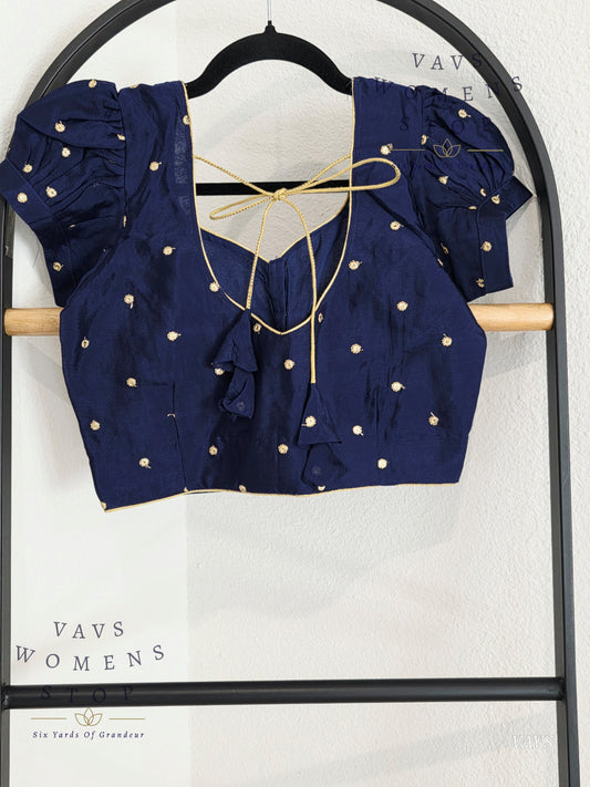 Navy Blue Shade Short Puff Sleeves Blouse