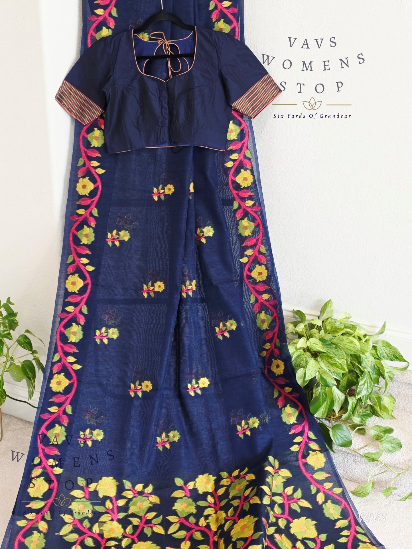 Semi Matka Silk Jamdani Saree with stitched Blouse