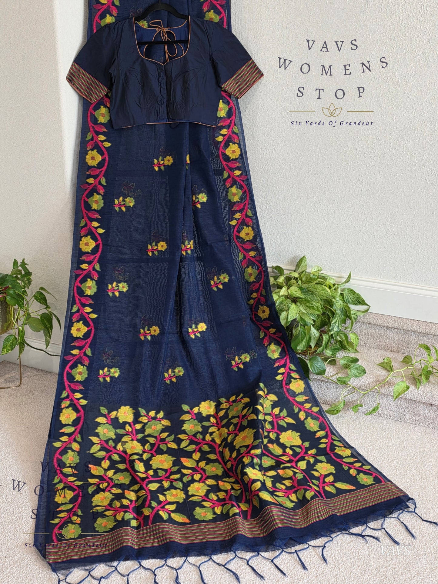 Semi Matka Silk Jamdani Saree with stitched Blouse
