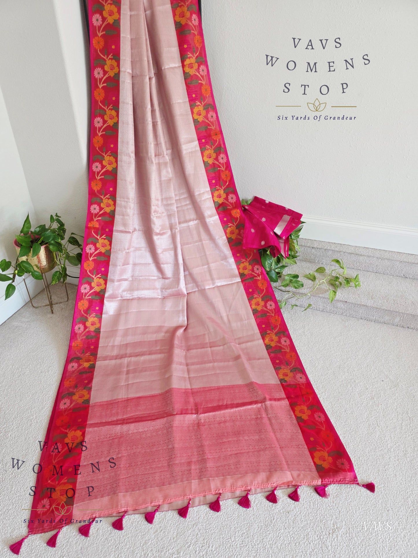 Pastel Pink Semi-Kota Tissue Silk Blend Saree with Floral Border