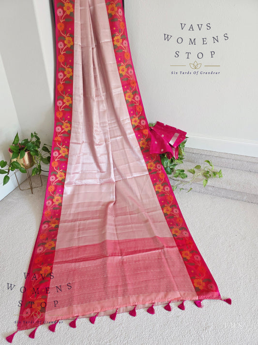Pastel Pink Semi-Kota Tissue Silk Blend Saree with Floral Border
