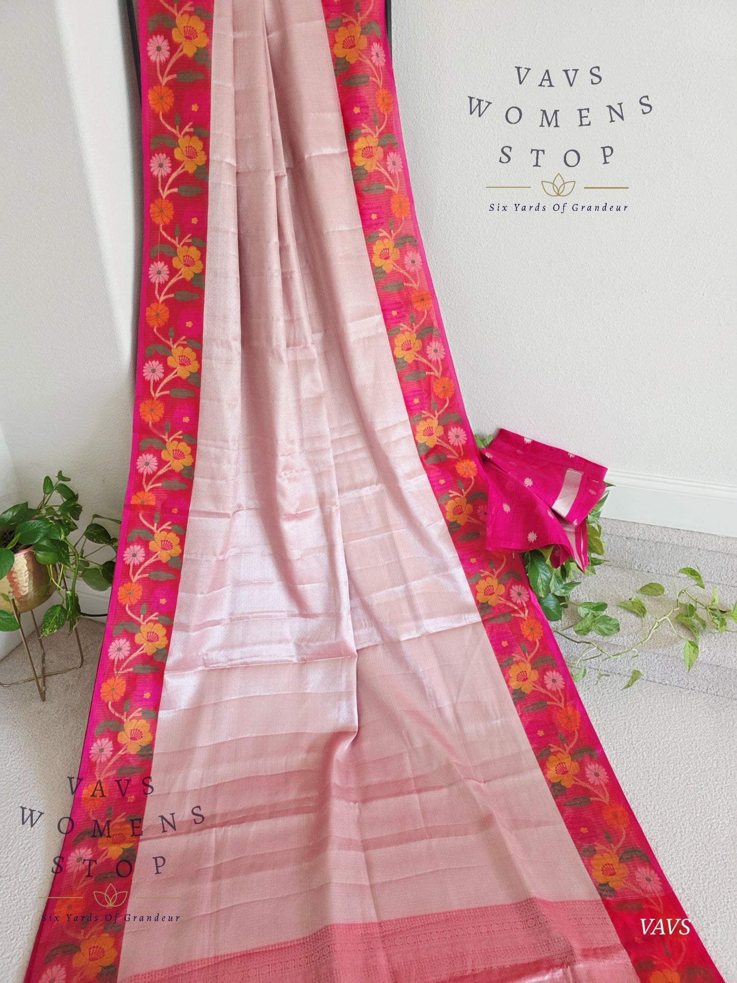 Pastel Pink Semi-Kota Tissue Silk Blend Saree with Floral Border