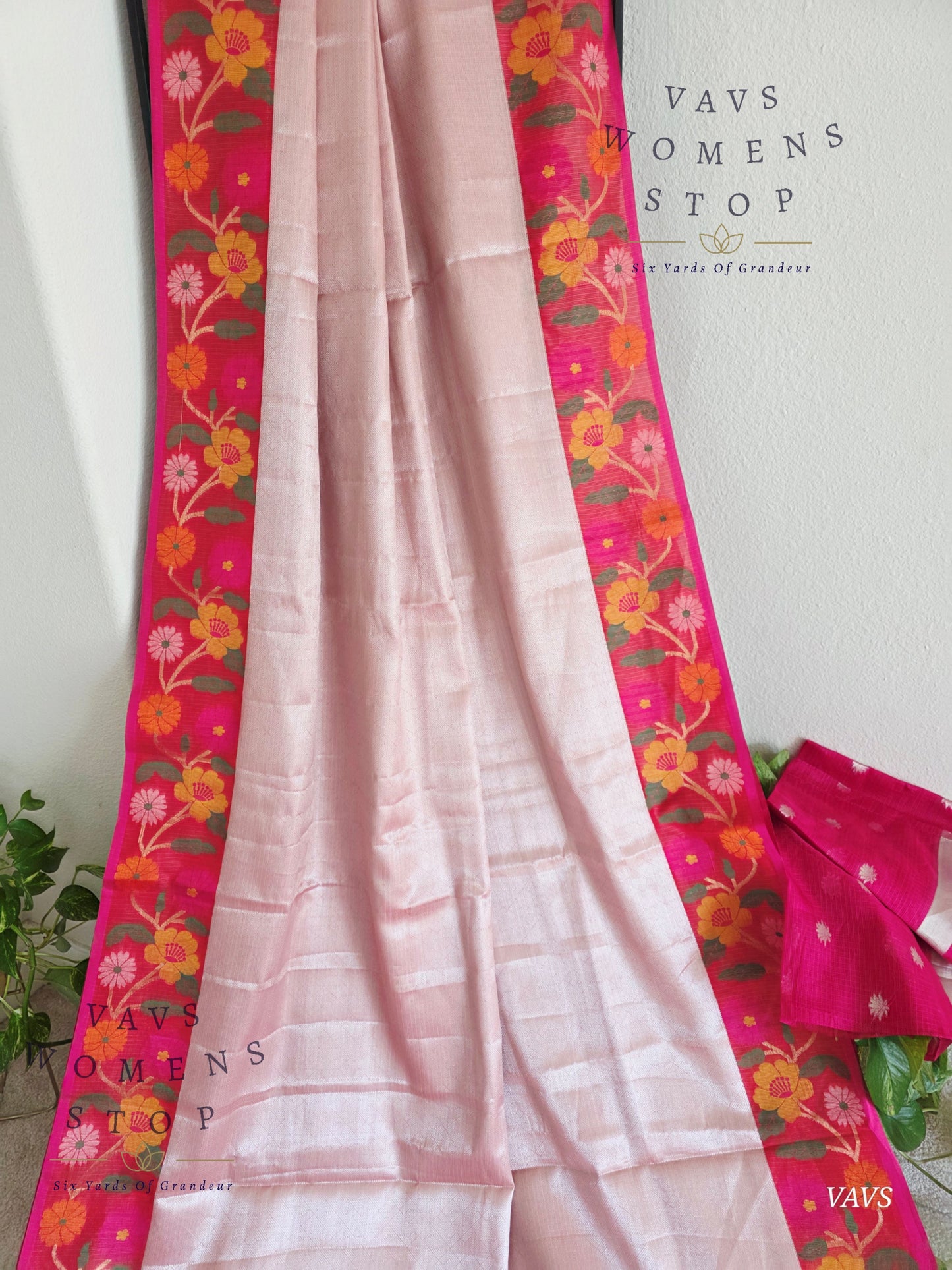 Pastel Pink Semi-Kota Tissue Silk Blend Saree with Floral Border