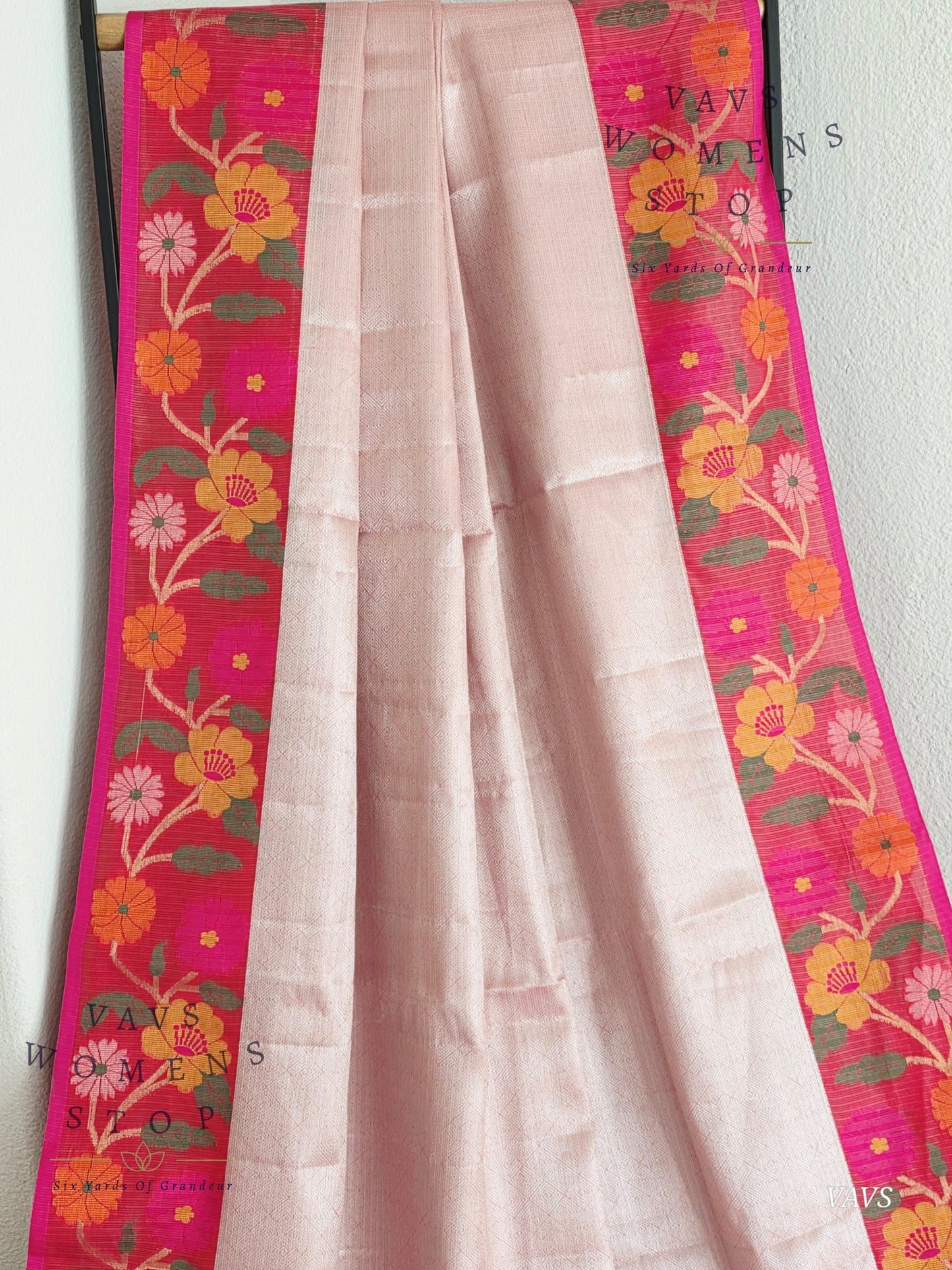 Pastel Pink Semi-Kota Tissue Silk Blend Saree with Floral Border