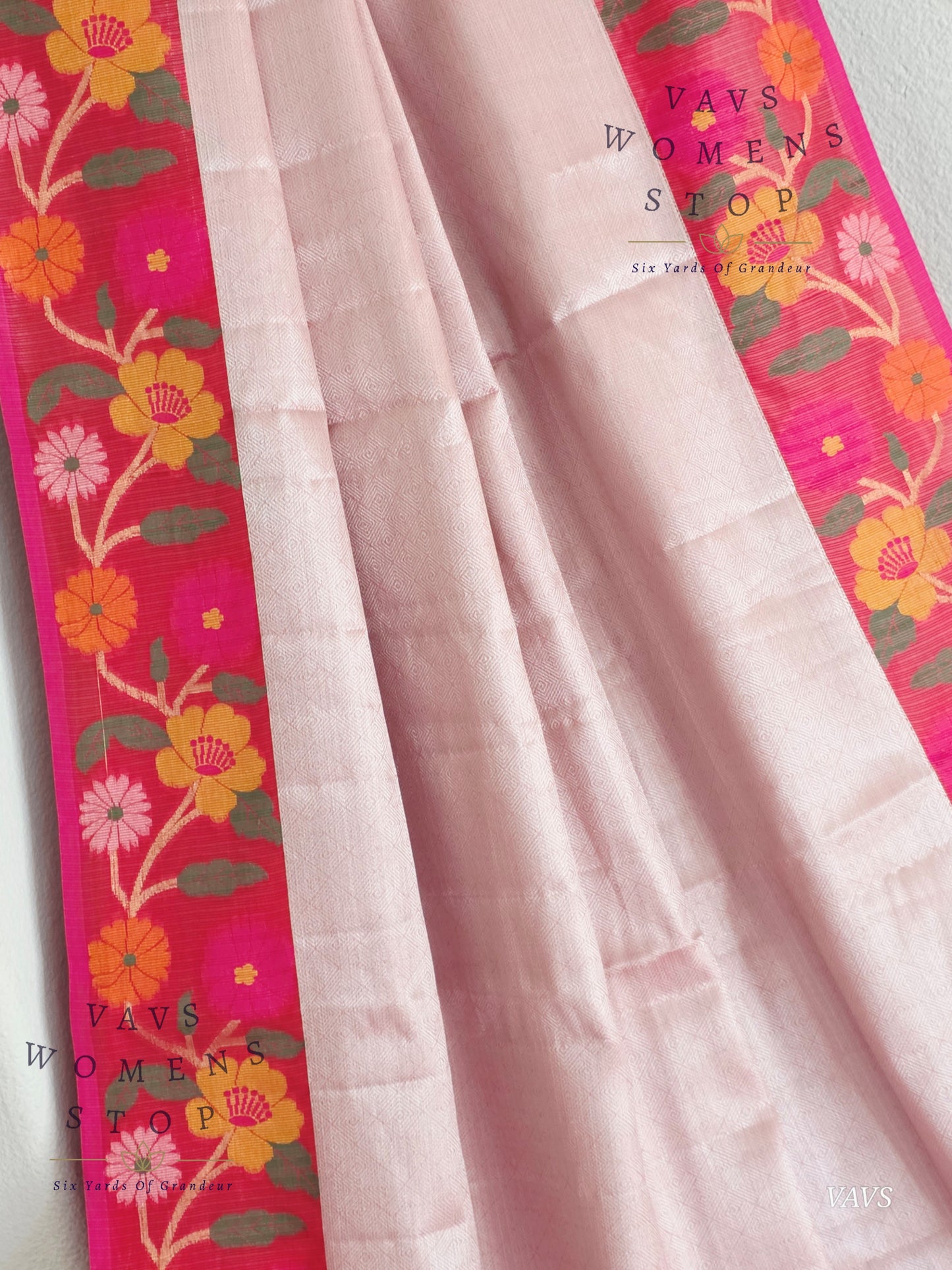 Pastel Pink Semi-Kota Tissue Silk Blend Saree with Floral Border