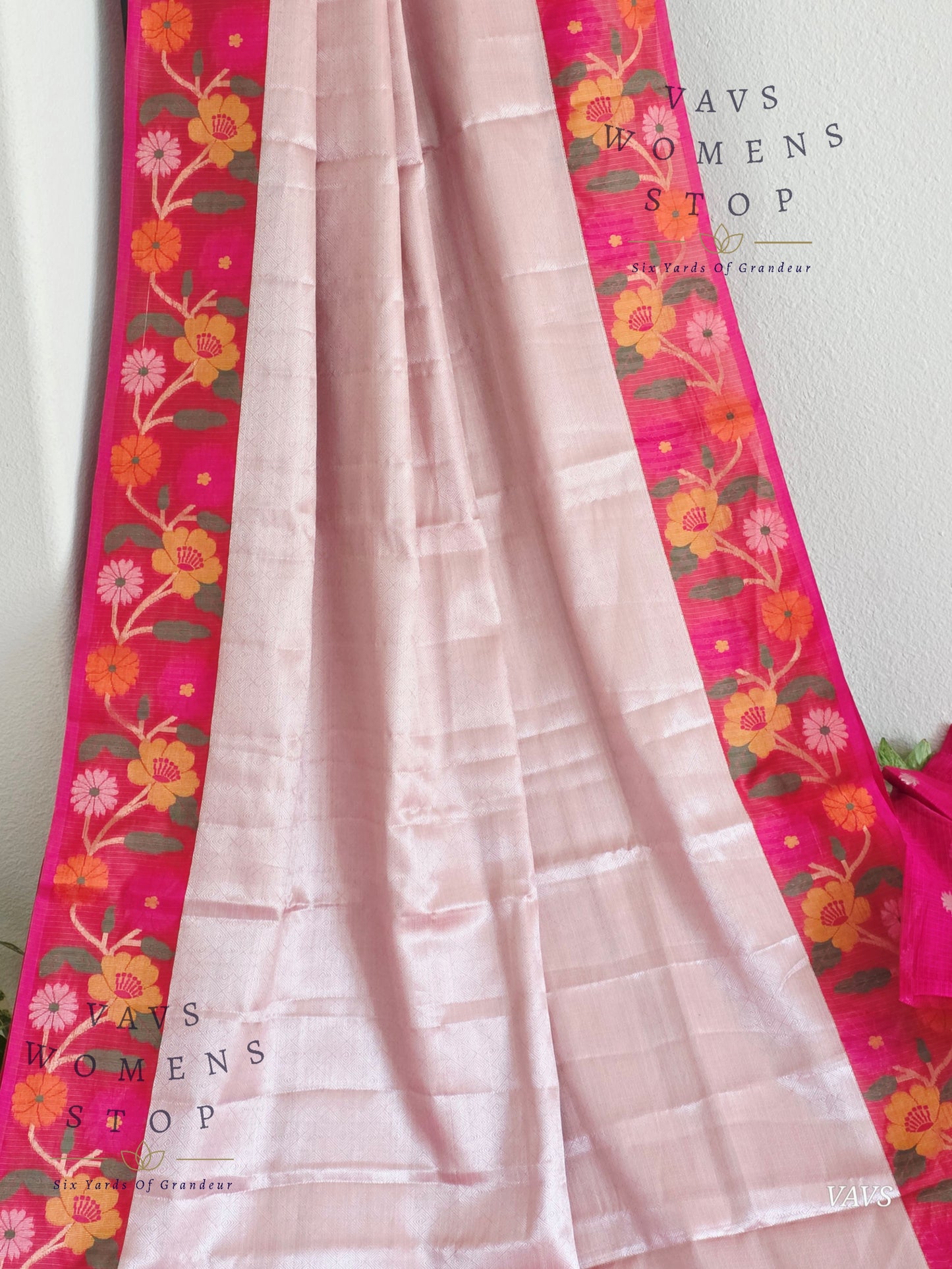 Pastel Pink Semi-Kota Tissue Silk Blend Saree with Floral Border