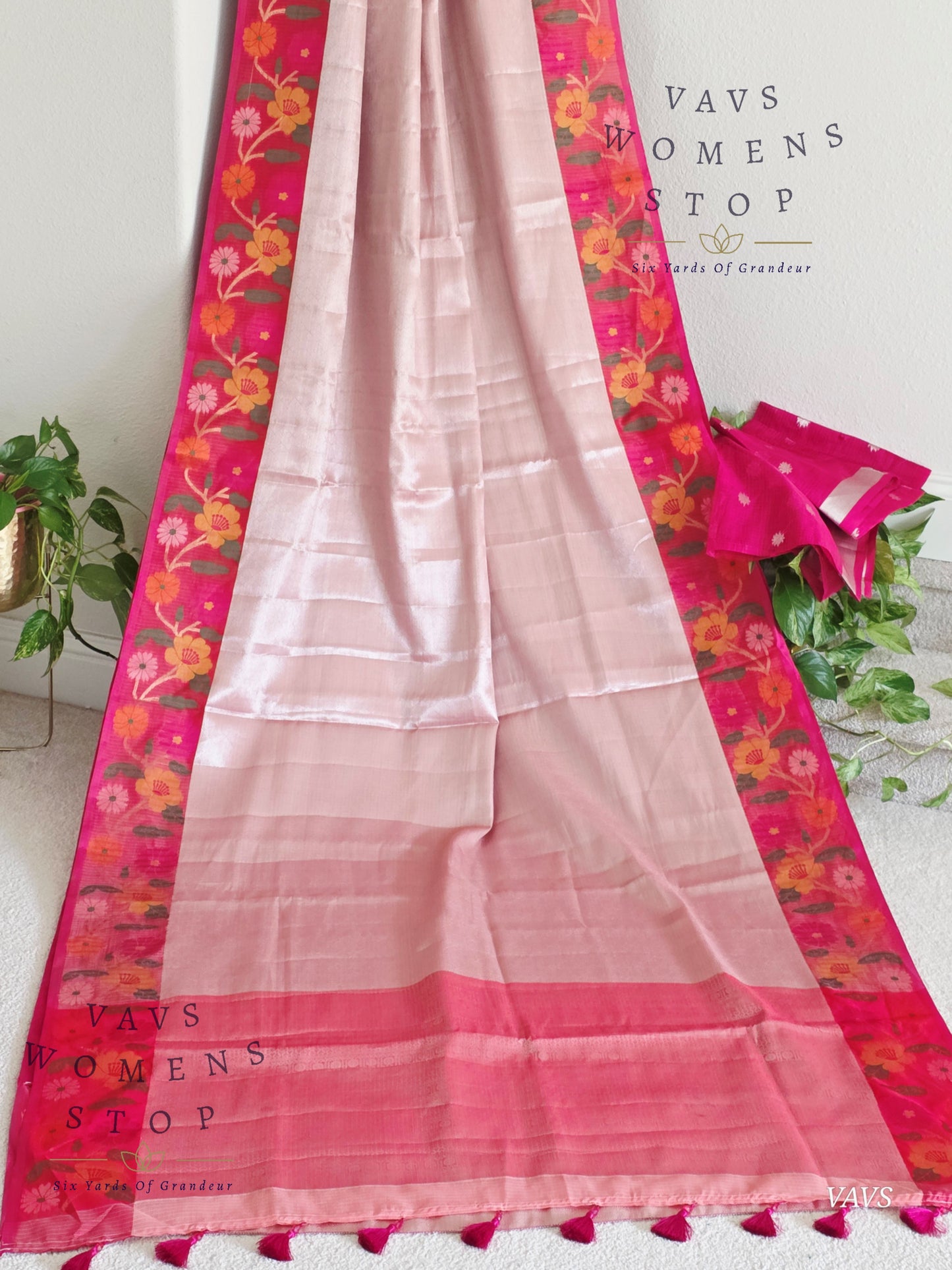 Pastel Pink Semi-Kota Tissue Silk Blend Saree with Floral Border