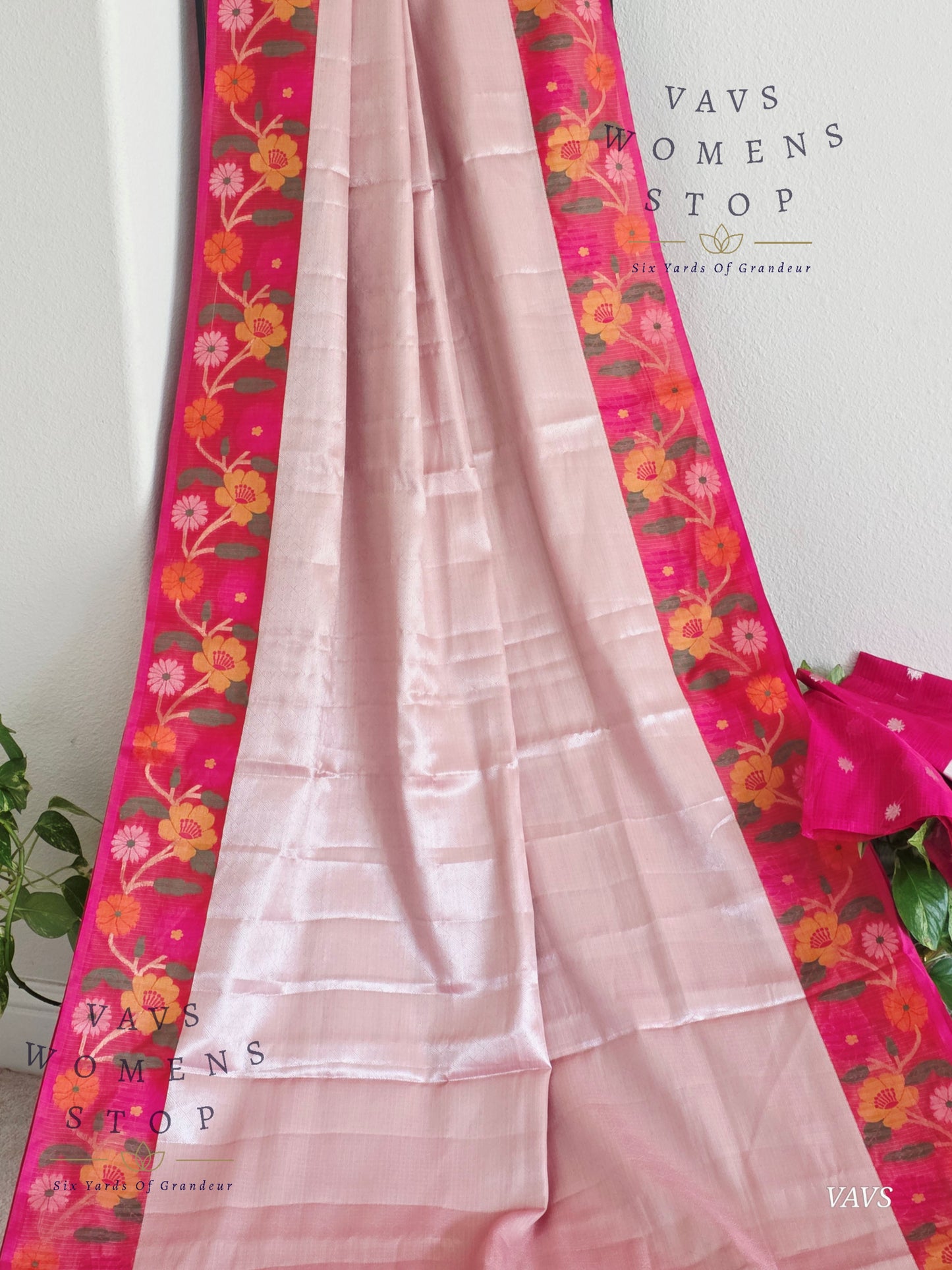 Pastel Pink Semi-Kota Tissue Silk Blend Saree with Floral Border