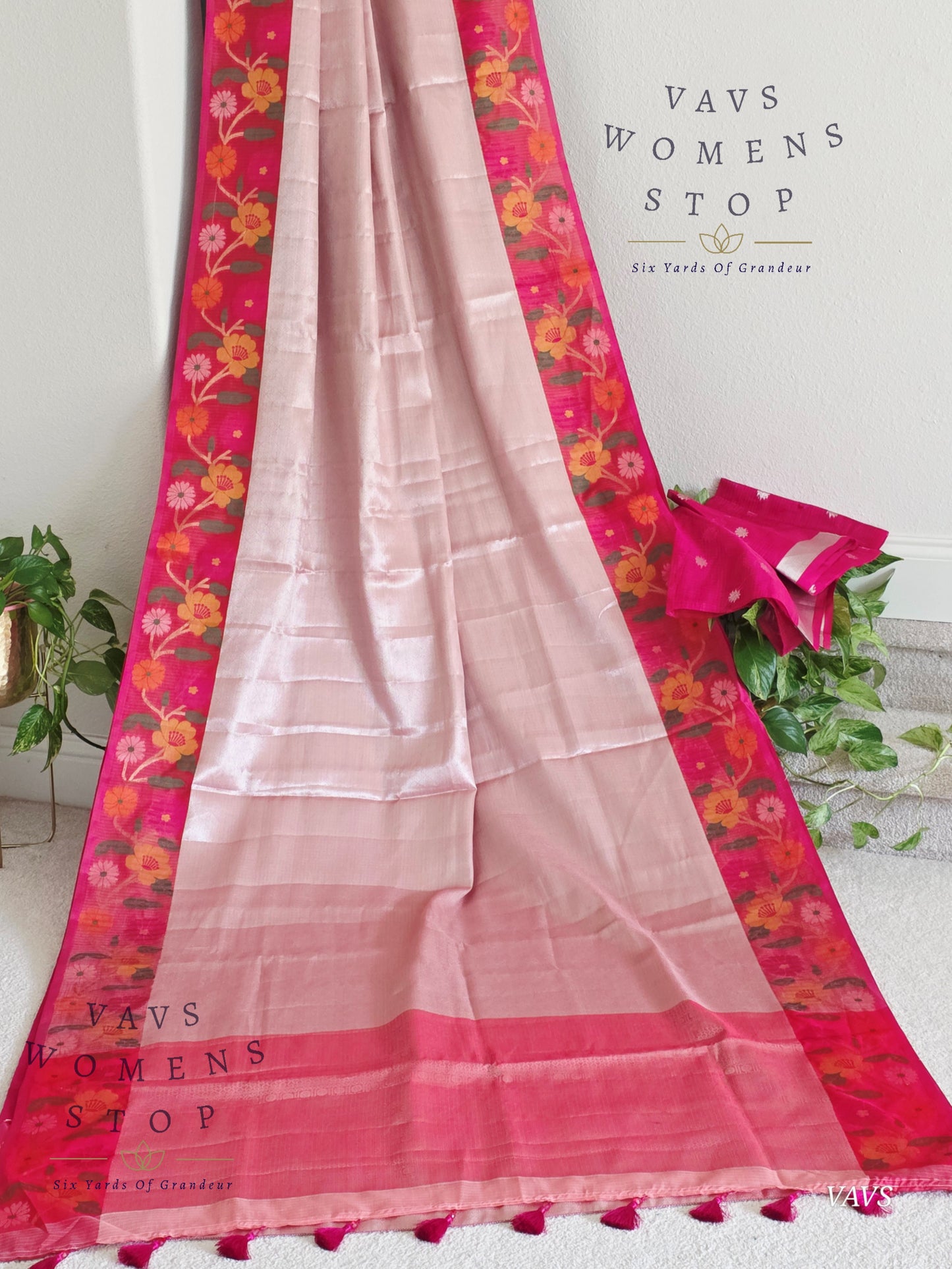 Pastel Pink Semi-Kota Tissue Silk Blend Saree with Floral Border