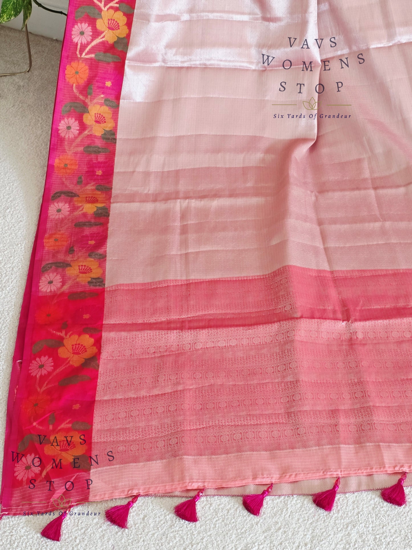 Pastel Pink Semi-Kota Tissue Silk Blend Saree with Floral Border