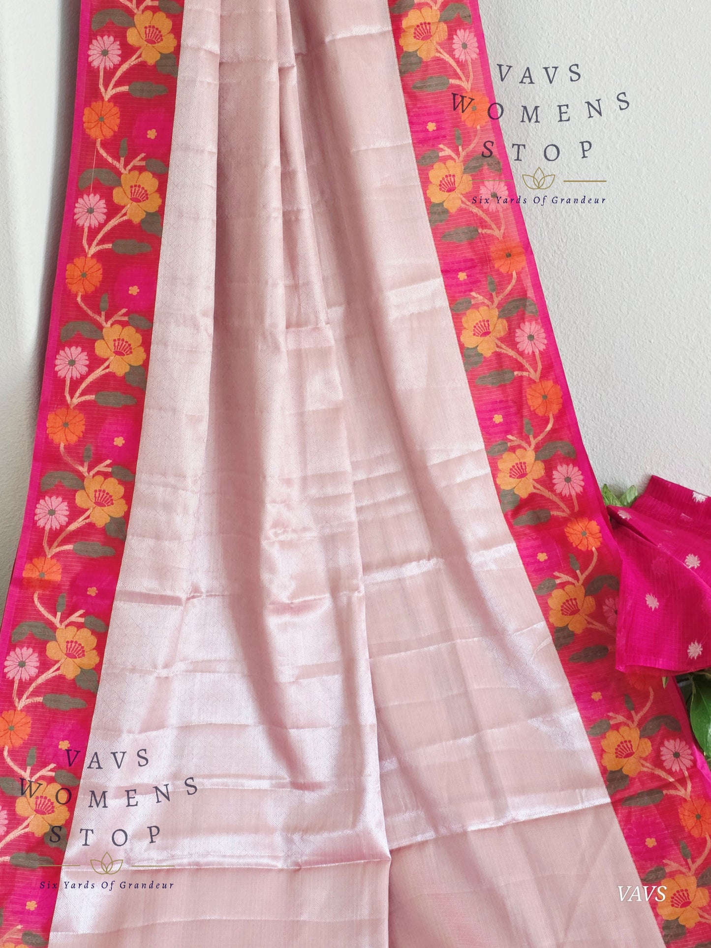 Pastel Pink Semi-Kota Tissue Silk Blend Saree with Floral Border